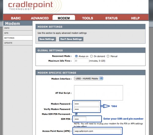Settings for a Safaricom 3G modem on a Cradlepoint MBR1000 router