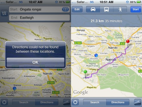 Lack of data - fail on Google map direction in Nairobi