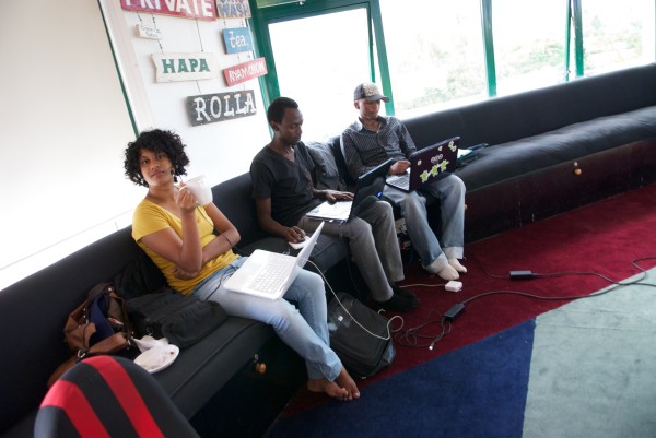 Nairobi tech community working at the iHub, circa 2011