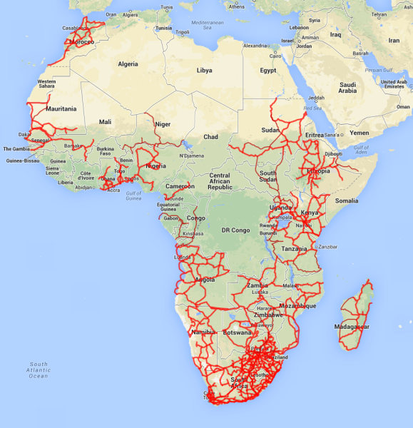 A map of the internet terrestrial fiber optic cables in Africa