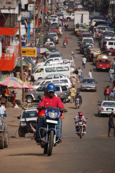 Motorcycles in downtown Monrovia, Liberia