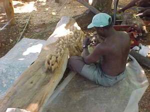 Kenyan carving an piece of wood into an elephant table